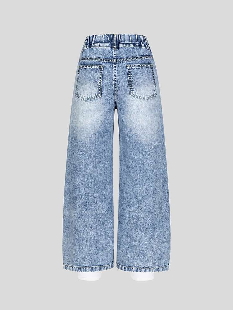 Tween Girls Denim Jeans,Cute Rabbit Print,Loose Wide Leg,Comfortable Cotton,School,Back-To-School,All Season Aqua Blue Autumn Casual Jeans For Girls - Light Wash - View 2