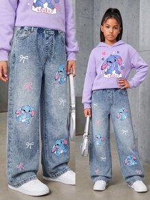 青少年女孩牛仔裤，休闲可爱兔子印花，宽松阔腿，舒适棉质，适合日常穿着、上学、通勤、四季穿着 - 淺色水洗藍 - 查看 9