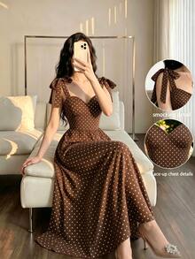 Celisse Women's Polka Dot Pleated Casual Party Dress - Brown - View 3