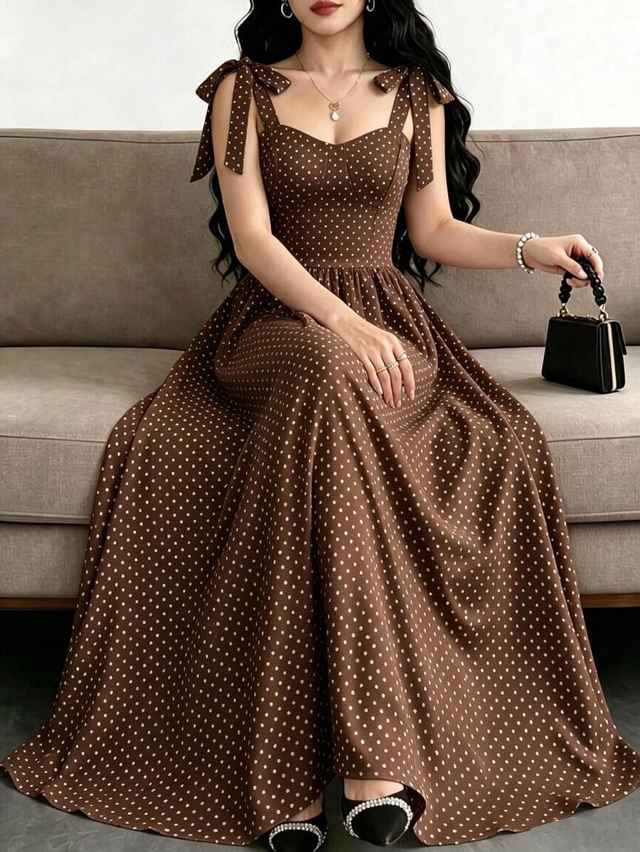 Celisse Women's Polka Dot Pleated Casual Party Dress - Brown - View 1