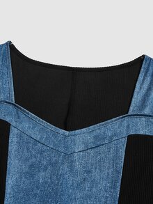 Selianne Vintage Washed Denim Patchwork Black Elastic Knit Square Neck Long Sleeve Waist-Cinching Slimming Bodycon Mid-Length Dress For Women - Multicolor - View 3