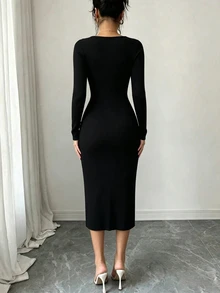 Selianne Vintage Washed Denim Patchwork Black Elastic Knit Square Neck Long Sleeve Waist-Cinching Slimming Bodycon Mid-Length Dress For Women - Multicolor - View 5