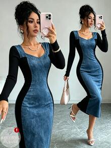 Selianne Vintage Washed Denim Patchwork Black Elastic Knit Square Neck Long Sleeve Waist-Cinching Slimming Bodycon Mid-Length Dress For Women - Multicolor - View 6