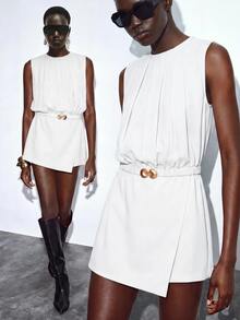 Lumivelle Women's Spring/Summer New Off White Dress, Round Neck, Sleeveless, Pleated Design, Waist-Cinched, A-Line, Asymmetrical Hem, Elegant Minimalist Brunch - White - View 1