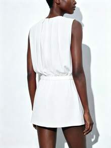 Lumivelle Women's Spring/Summer New Off White Dress, Round Neck, Sleeveless, Pleated Design, Waist-Cinched, A-Line, Asymmetrical Hem, Elegant Minimalist Brunch - White - View 2
