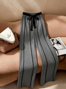 Franclia 女款灰色拼接長褲，同材質腰帶，彈性後腰帶，側口袋，中縫滾邊，早午餐秋季優雅風 - 灰色 - 查看 3