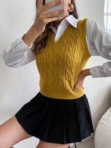 SHEIN PariChic 女款法式秋冬外出用粗針編織V領休閒百搭針織背心 - 芥末黃 - 查看 9