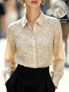 SHEIN Autumn Apricot Printed Collared Long-Sleeved Shirt, Bohemian Style, Suitable For Commuting, Halloween, And French Lady Elegance. - Apricot - View 1