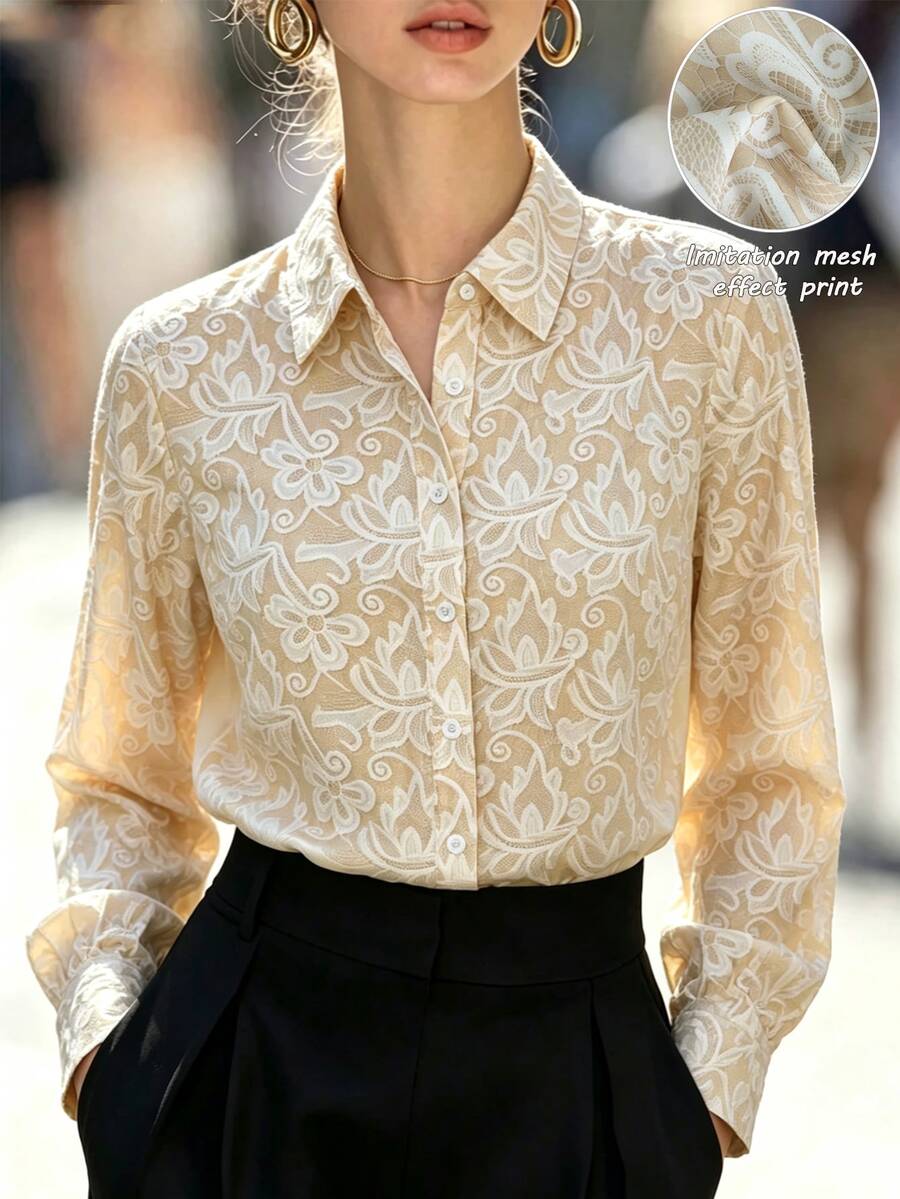 SHEIN Autumn Apricot Printed Collared Long-Sleeved Shirt, Bohemian Style, Suitable For Commuting, Halloween, And French Lady Elegance. - Apricot - View 1