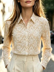 SHEIN Autumn Apricot Printed Collared Long-Sleeved Shirt, Bohemian Style, Suitable For Commuting, Halloween, And French Lady Elegance. - Apricot - View 5