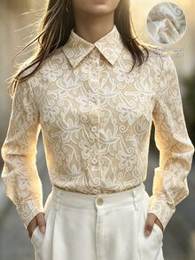 SHEIN Autumn Apricot Printed Collared Long-Sleeved Shirt, Bohemian Style, Suitable For Commuting, Halloween, And French Lady Elegance. - Apricot - View 3