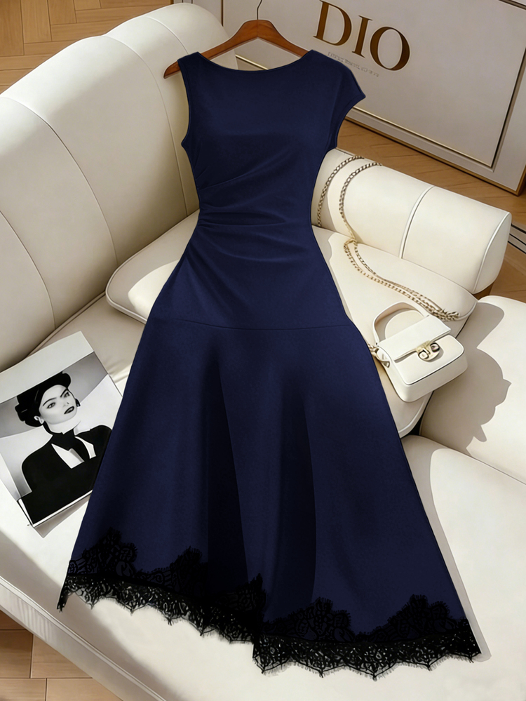 SHEIN Franclia Women's Navy Blue Waist Ruched Black Lace Trim Midi Dress Wedding Dinner Date Party Summer Elegant - Royal Blue - View 3