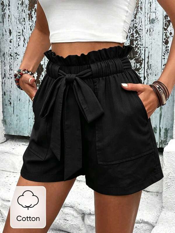 BamGleam Women's Summer Casual Basic Versatile Solid Color Shorts Vacation Holiday Plain Black