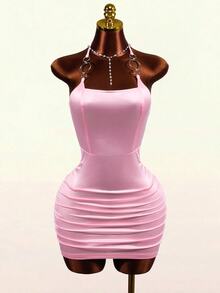 BamGleam New Women's Pink Stretch Satin Bodycon Mini Dress, Metal Halter Square Neck Ruched Wrap Dress, Shiny Night Out Date Night Party Summer Sexy - Pink - View 7
