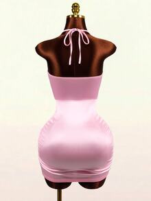 BamGleam New Women's Pink Stretch Satin Bodycon Mini Dress, Metal Halter Square Neck Ruched Wrap Dress, Shiny Night Out Date Night Party Summer Sexy - Pink - View 5