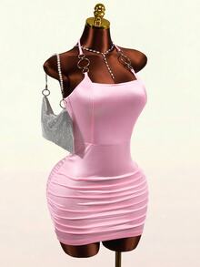 BamGleam New Women's Pink Stretch Satin Bodycon Mini Dress, Metal Halter Square Neck Ruched Wrap Dress, Shiny Night Out Date Night Party Summer Sexy - Pink - View 2