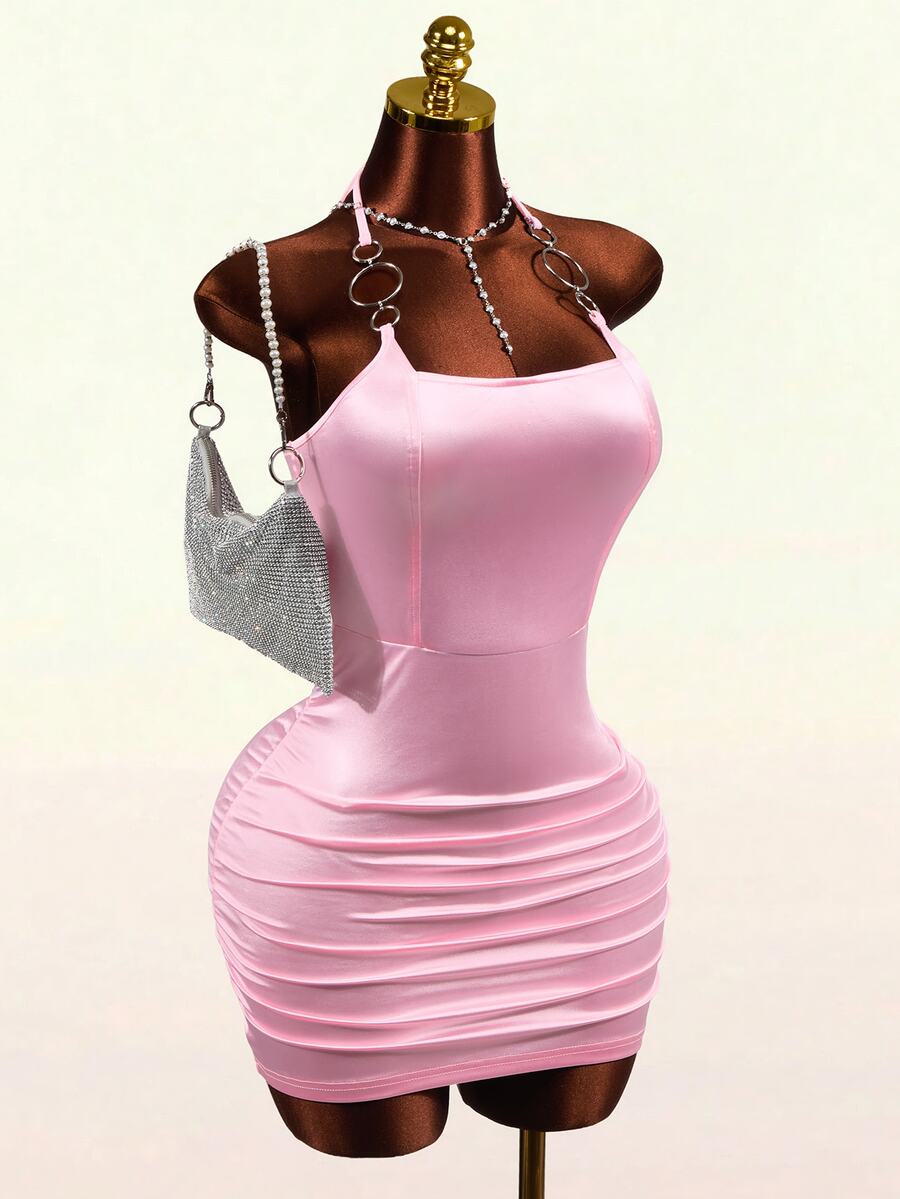 BamGleam New Women's Pink Stretch Satin Bodycon Mini Dress, Metal Halter Square Neck Ruched Wrap Dress, Shiny Night Out Date Night Party Summer Sexy