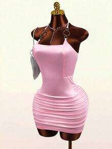BamGleam New Women's Pink Stretch Satin Bodycon Mini Dress, Metal Halter Square Neck Ruched Wrap Dress, Shiny Night Out Date Night Party Summer Sexy - Pink - View 9