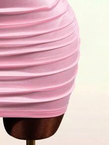 BamGleam New Women's Pink Stretch Satin Bodycon Mini Dress, Metal Halter Square Neck Ruched Wrap Dress, Shiny Night Out Date Night Party Summer Sexy - Pink - View 6