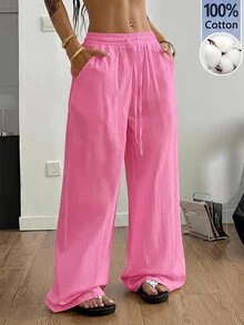 Coolane Women's Solid Color Drawstring Waist Casual Versatile Daily Wear Wide Leg Long Pants - Hot Pink - View 6
