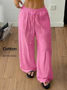 Coolane Women's Solid Color Drawstring Waist Casual Versatile Daily Wear Wide Leg Long Pants - Hot Pink - View 4