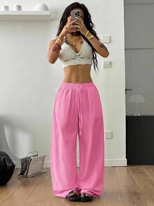 Coolane Women's Solid Color Drawstring Waist Casual Versatile Daily Wear Wide Leg Long Pants - Hot Pink - View 3