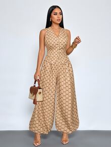 SOLERSUN Women's Elegant Retro Geometric Print V-Neck Waistcoat Lantern Pants Pockets Suit High Tea Brunch Date Night Beige Summer - Khaki - View 6