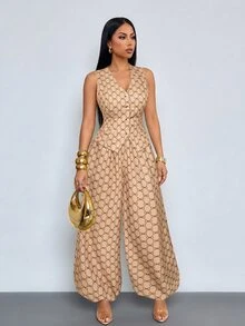 SOLERSUN Women's Elegant Retro Geometric Print V-Neck Waistcoat Lantern Pants Pockets Suit High Tea Brunch Date Night Beige Summer - Khaki - View 4