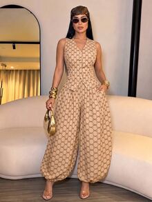 SOLERSUN Women's Elegant Retro Geometric Print V-Neck Waistcoat Lantern Pants Pockets Suit High Tea Brunch Date Night Beige Summer - Khaki - View 3
