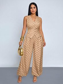 SOLERSUN Women's Elegant Retro Geometric Print V-Neck Waistcoat Lantern Pants Pockets Suit High Tea Brunch Date Night Beige Summer - Khaki - View 7