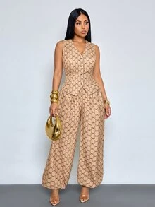 SOLERSUN Women's Elegant Retro Geometric Print V-Neck Waistcoat Lantern Pants Pockets Suit High Tea Brunch Date Night Beige Summer - Khaki - View 5