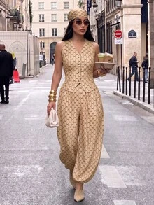SOLERSUN Women's Elegant Retro Geometric Print V-Neck Waistcoat Lantern Pants Pockets Suit High Tea Brunch Date Night Beige Summer - Khaki - View 1