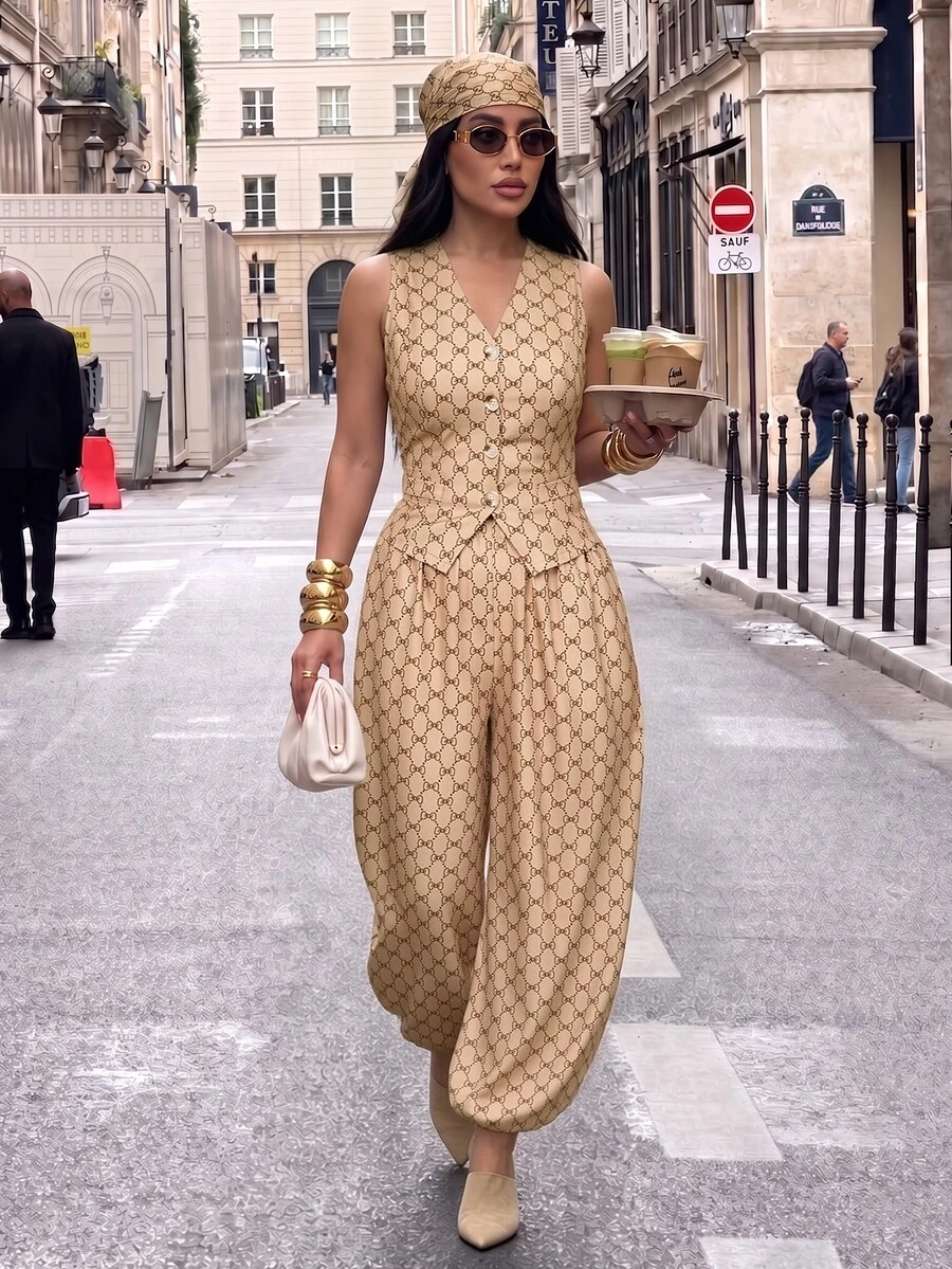 SOLERSUN Women's Elegant Retro Geometric Print V-Neck Waistcoat Lantern Pants Pockets Suit High Tea Brunch Date Night Beige Summer - Khaki - View 1
