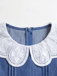 SHEIN Tween女孩開學穿搭修身粉白拼接長袖洋裝，附3D蝴蝶結裝飾與翻領，復古學院風精緻粉白格紋大蝴蝶結翻領洋裝 - 粉色 - 查看 5