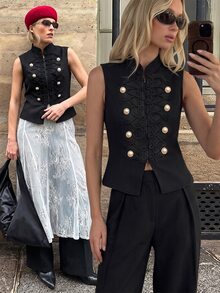 Struktiv Women's Solid Color Stand Collar Vest And Pants Casual Daily Set - Black - View 3