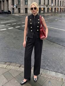 Struktiv Women's Solid Color Stand Collar Vest And Pants Casual Daily Set - Black - View 1