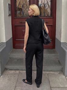 Struktiv Women's Solid Color Stand Collar Vest And Pants Casual Daily Set - Black - View 2