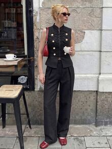 Struktiv Women's Solid Color Stand Collar Vest And Pants Casual Daily Set - Black - View 6