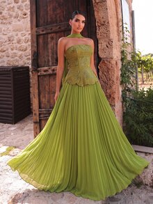Glamrae Olive Green Sequin Floral Embroidered Chiffon Strapless Mermaid Maxi Dress, Slim Fit Women Wedding Guest Event Prom Rehearsal Dinner Dress - Green - View 7