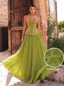 Glamrae Olive Green Sequin Floral Embroidered Chiffon Strapless Mermaid Maxi Dress, Slim Fit Women Wedding Guest Event Prom Rehearsal Dinner Dress - Green - View 8