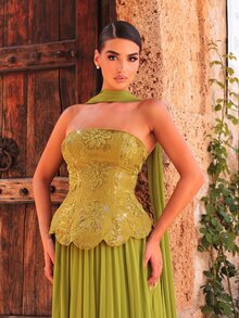 Glamrae Olive Green Sequin Floral Embroidered Chiffon Strapless Mermaid Maxi Dress, Slim Fit Women Wedding Guest Event Prom Rehearsal Dinner Dress - Green - View 3