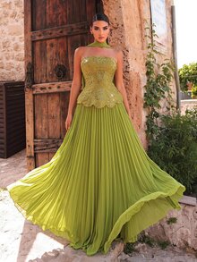 Glamrae Olive Green Sequin Floral Embroidered Chiffon Strapless Mermaid Maxi Dress, Slim Fit Women Wedding Guest Event Prom Rehearsal Dinner Dress - Green - View 2