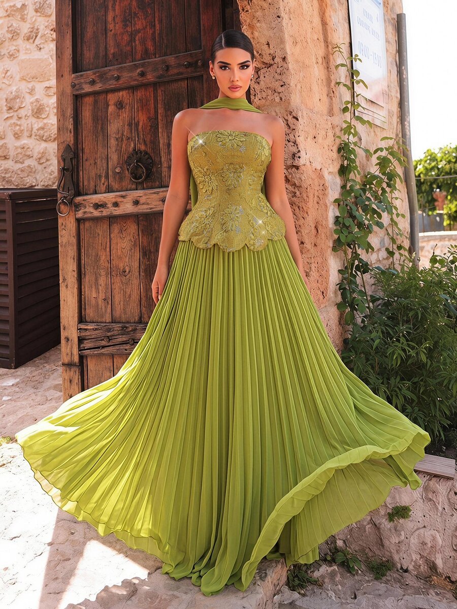 Glamrae Olive Green Sequin Floral Embroidered Chiffon Strapless Mermaid Maxi Dress, Slim Fit Women Wedding Guest Event Prom Rehearsal Dinner Dress