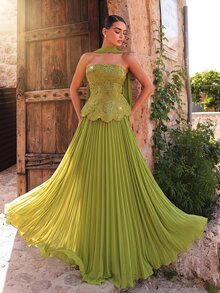 Glamrae Olive Green Sequin Floral Embroidered Chiffon Strapless Mermaid Maxi Dress, Slim Fit Women Wedding Guest Event Prom Rehearsal Dinner Dress - Green - View 6