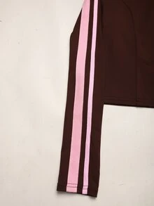 SHEIN Tween女孩粉色膠帶拼接咖啡棕色長袖拉鍊上衣與喇叭褲套裝 - 棕色 - 查看 7