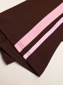 SHEIN Tween女孩粉色膠帶拼接咖啡棕色長袖拉鍊上衣與喇叭褲套裝 - 棕色 - 查看 11