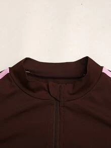 SHEIN Tween女孩粉色膠帶拼接咖啡棕色長袖拉鍊上衣與喇叭褲套裝 - 棕色 - 查看 5