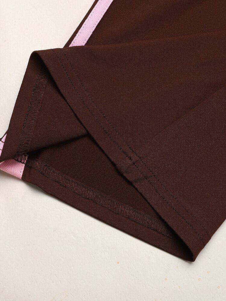 SHEIN بدلة بناتي مراهقات بلون وردي مع شريط بني قهوة سادة، جاكيت علوي بأكمام طويلة وسحاب وبنطلون واسع - بني - مشاهدة 12