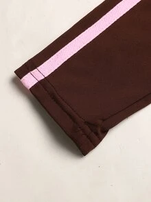 SHEIN Tween女孩粉色膠帶拼接咖啡棕色長袖拉鍊上衣與喇叭褲套裝 - 棕色 - 查看 6