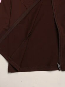SHEIN Tween女孩粉色膠帶拼接咖啡棕色長袖拉鍊上衣與喇叭褲套裝 - 棕色 - 查看 15